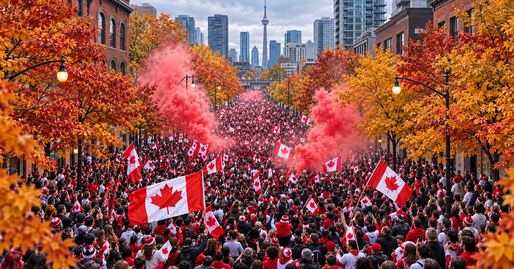 Supplied wide image of Canadian flags and an autumn crowd